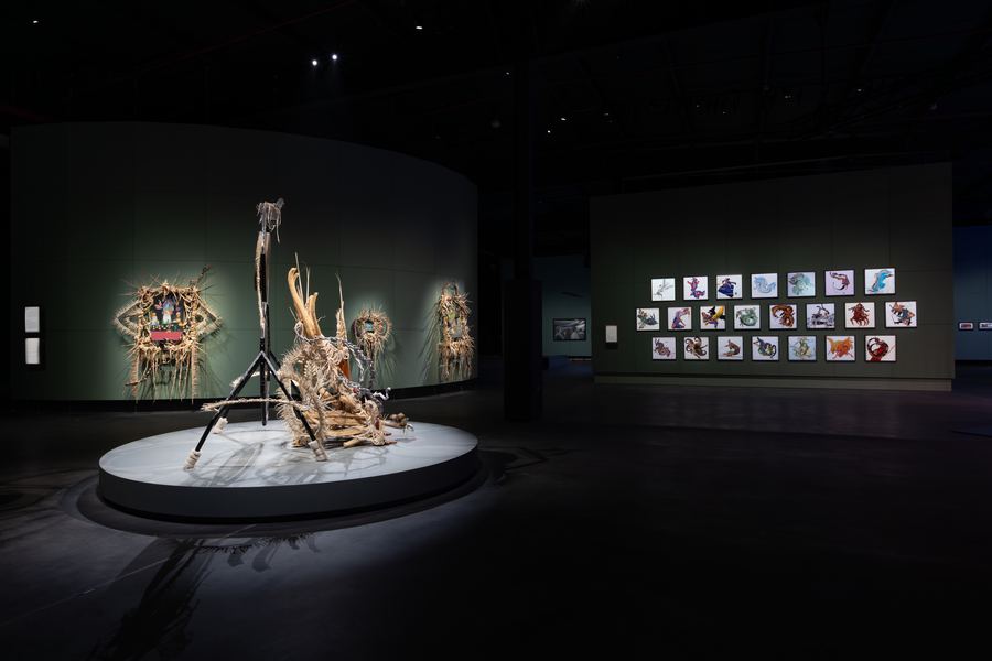 Installation view, woven sculptural totems and wall of drawings, JAX District