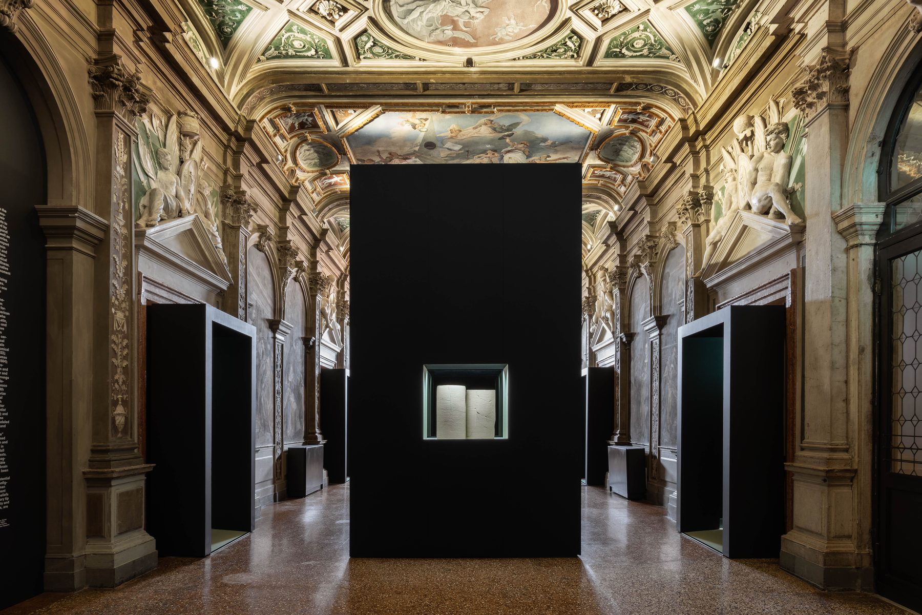 Human Brains exhibition, Fondazione Prada Venice, frescoed hall with black display volume