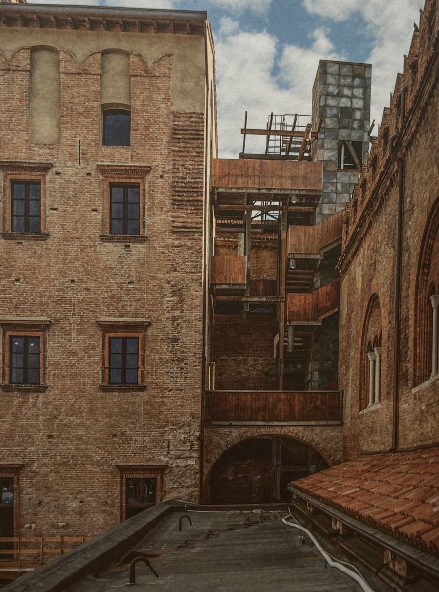 Palazzo della Podestà, Mantova, restored tower against the historic roofline